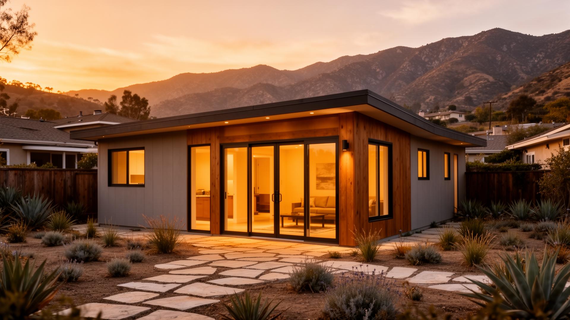 Modern ADU in a Santa Clarita backyard at sunset